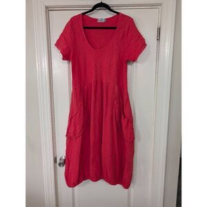 Tina Stephens Linen Midi‎ Dress women's XL*** pink balloon s/s lagenlook Italy